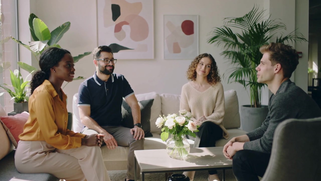 Manden længst til højre i mørk sweater præsenterer ideer i stuen, mens en trio nikker nær en vase.