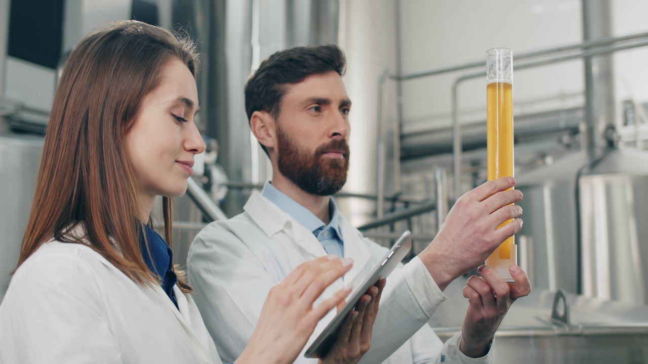 Scientists examining beer quality in a brewery