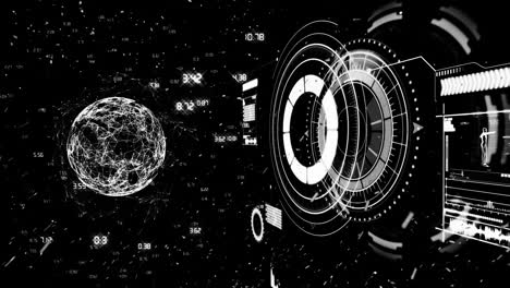 animation of globe spinning and scope scanning data processing on black background