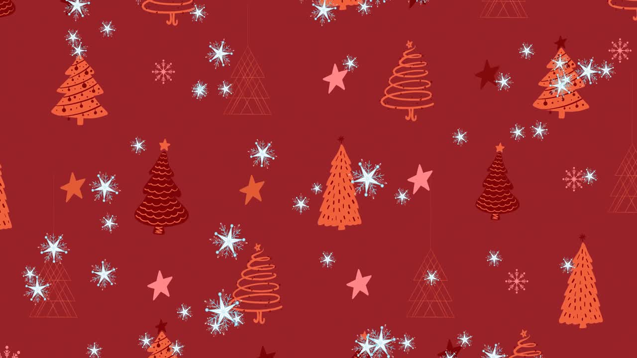 iconos de estrellas múltiples que caen contra múltiples estrellas e iconos de árboles de navidad en fondo rojo
