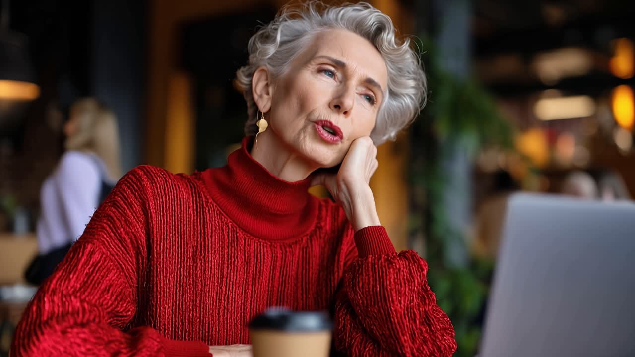 Signora anziana in maglione rosso siede pensierosa. Appoggia la testa sulla mano, con gli occhi rivolti verso l'alto. Una tazza di caffè accanto a lei su un tavolo di legno. Laptop aperto, suggerendo lavoro o studio.