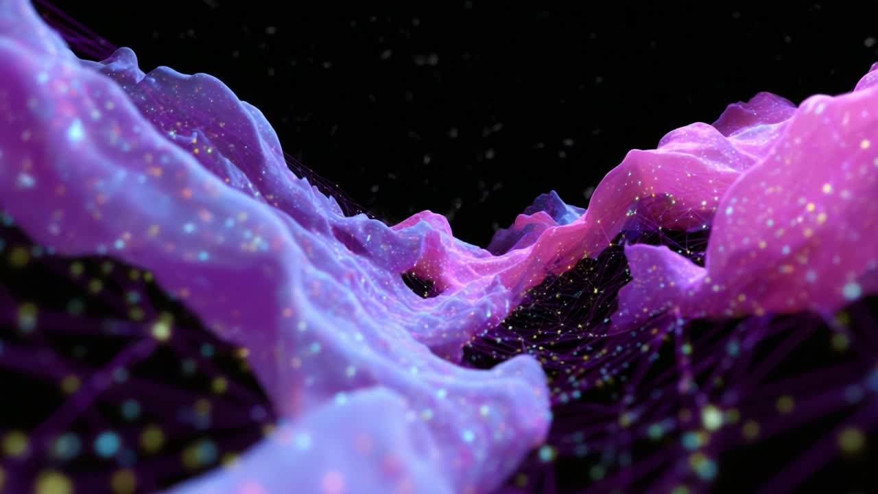 A Hypnotic Visual Journey Through a Colorful Abstract Landscape of Flowing Waves, Light Particles, and Dynamic Patterns Set Against a Dark Background, Radiating Energy and Vibrancy