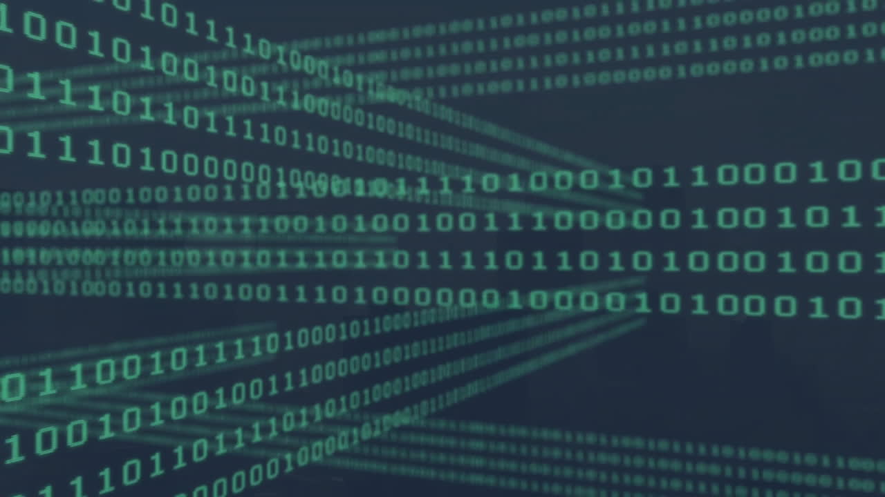 Binary code animation forming tunnel-like structure on dark background