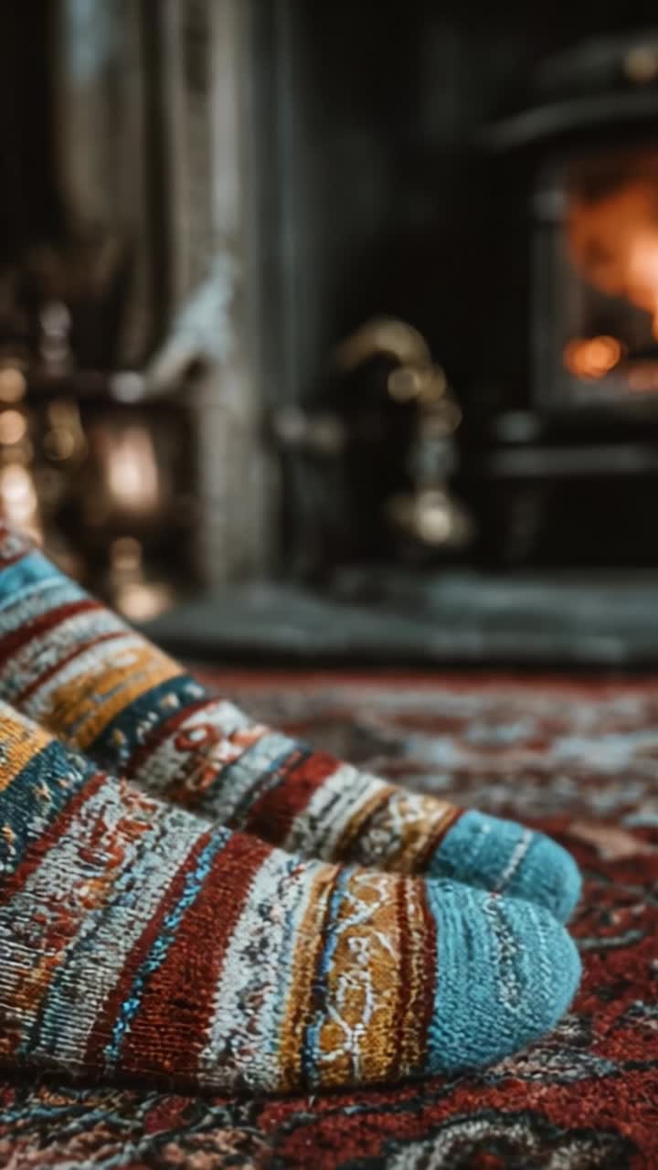 Calore accogliente: calzini colorati di lana appoggiati vicino a un caminetto vintage su un tappeto splendidamente decorato in un rilassante salotto
