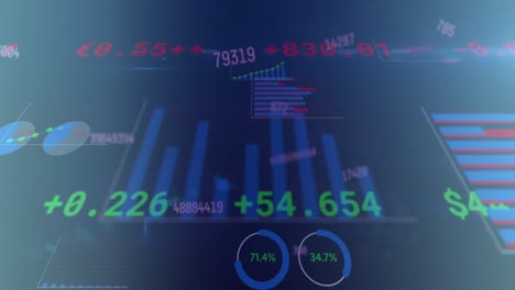 Animation-Sich-ändernder-Zahlen-über-Mehrere-Diagramme-Und-Handelstafel-Auf-Blauem-Hintergrund