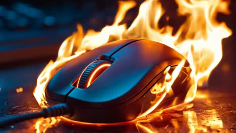 un ratón de computadora en llamas en un escritorio