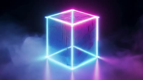 cubo brillante de neón en un fondo humeante