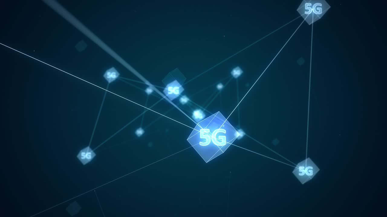 gráfico de movimiento de icono digital azul 5g y cubo futurista con conexión a la red meta verso concepto de fondo abstracto cámara zoom out video de bucle sin costuras