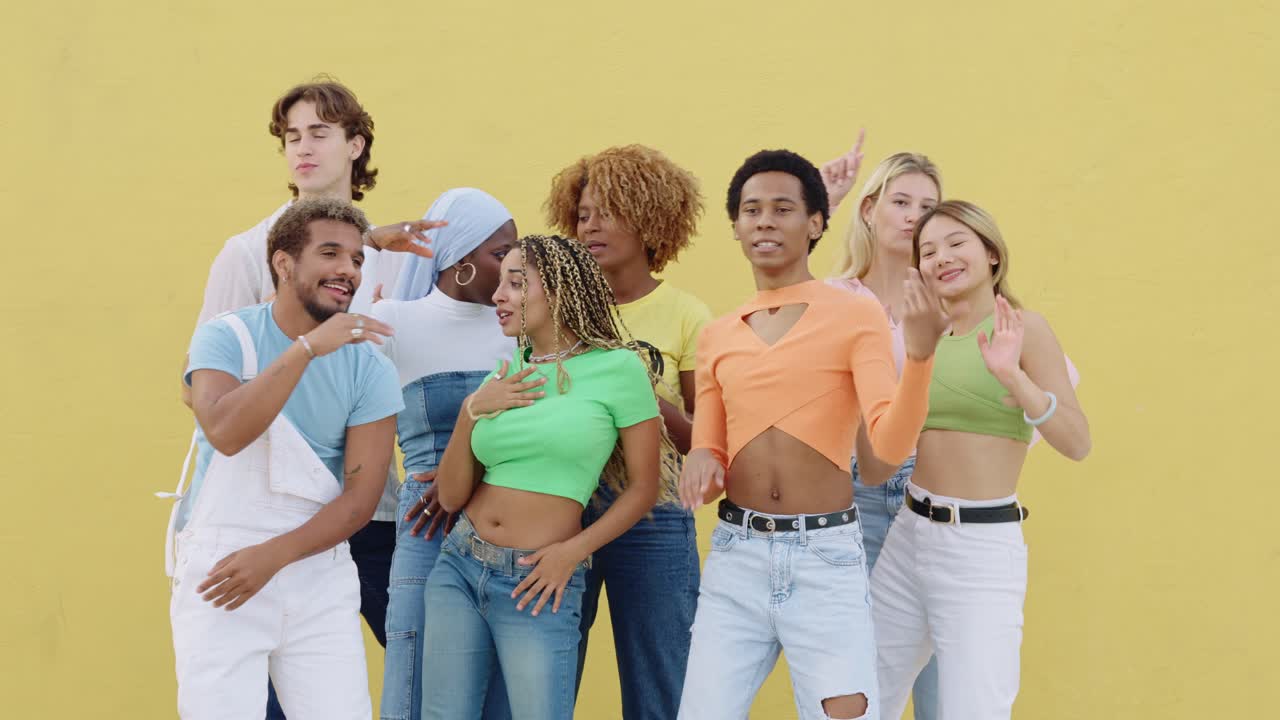 Group of diverse young adults posing against a yellow background