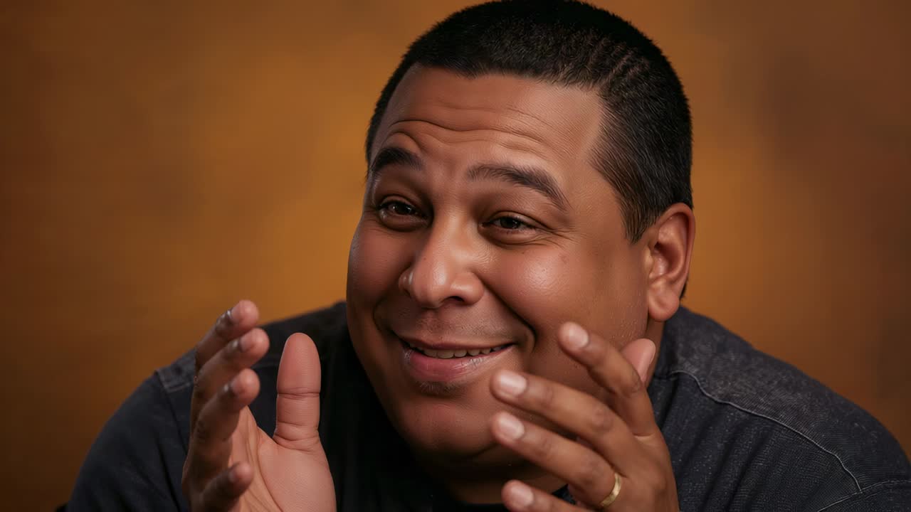 Smiling middle-aged man in dark shirt answering host question in studio while showing wedding band