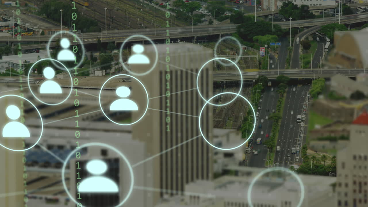 아이콘과 바이너리 코딩으로 도시 풍경에 대한 연결 네트워크의 애니메이션