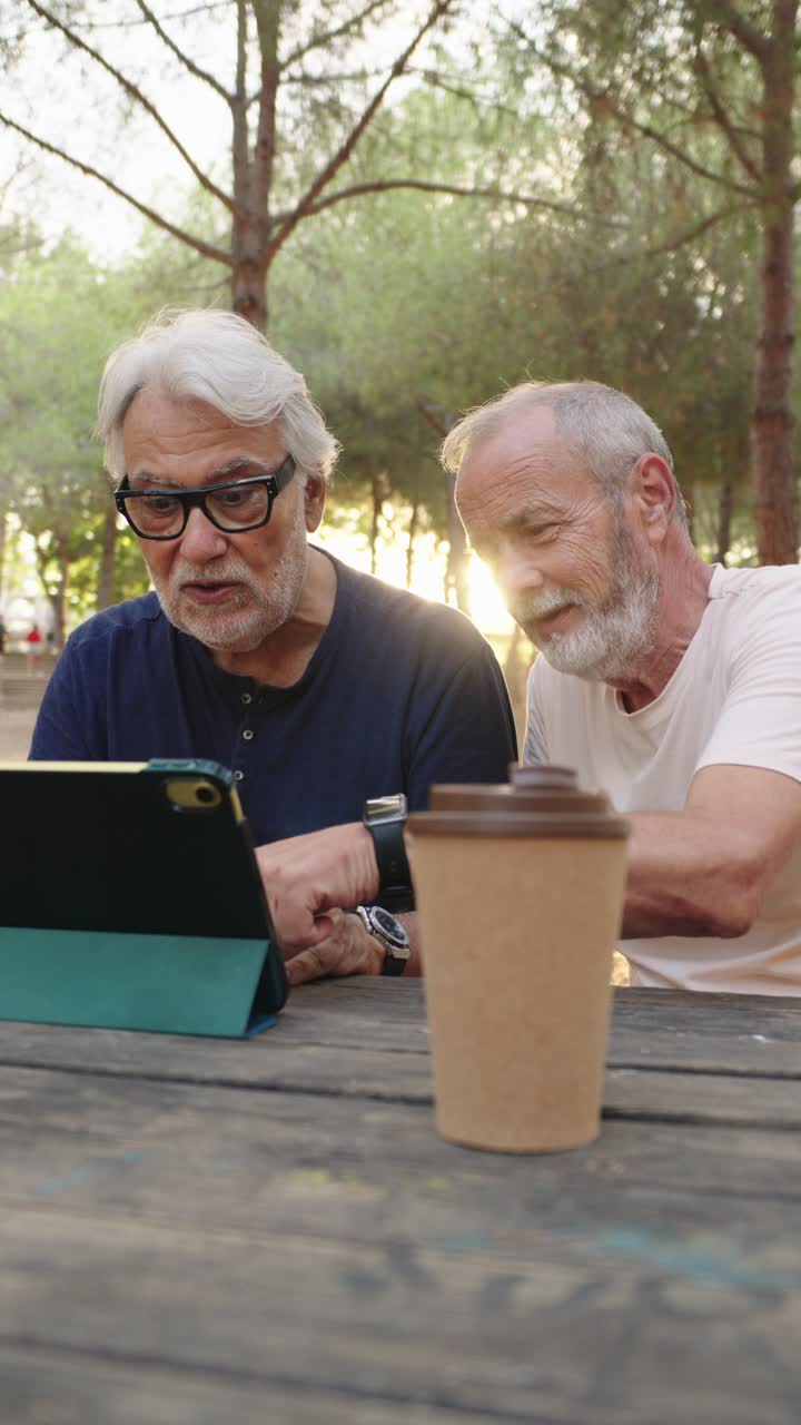 Due uomini anziani che usano un tablet in un parco