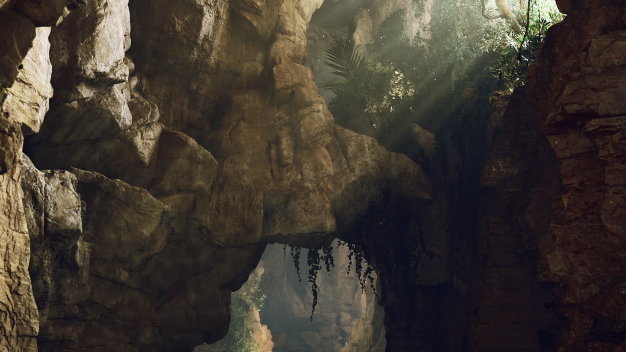 Natural rock formation with sunlight streaming through cave opening