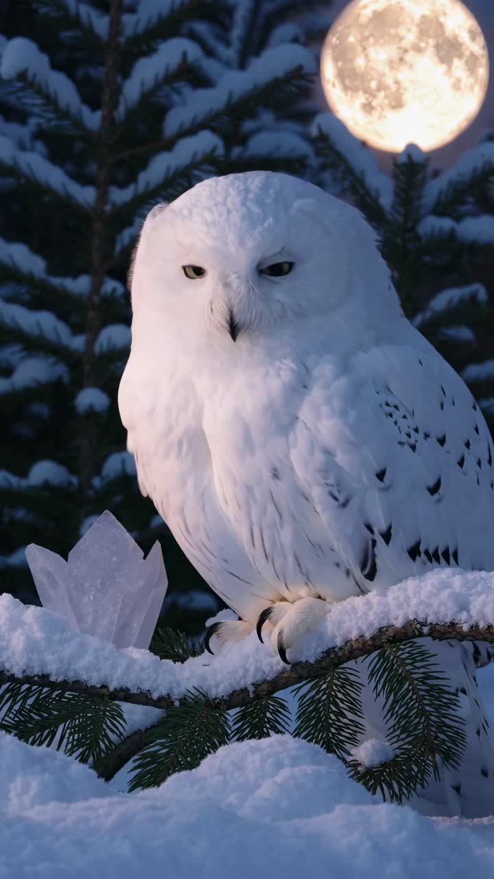 A snowy owl perched on a branch with a glowing crystal and full moon in the background