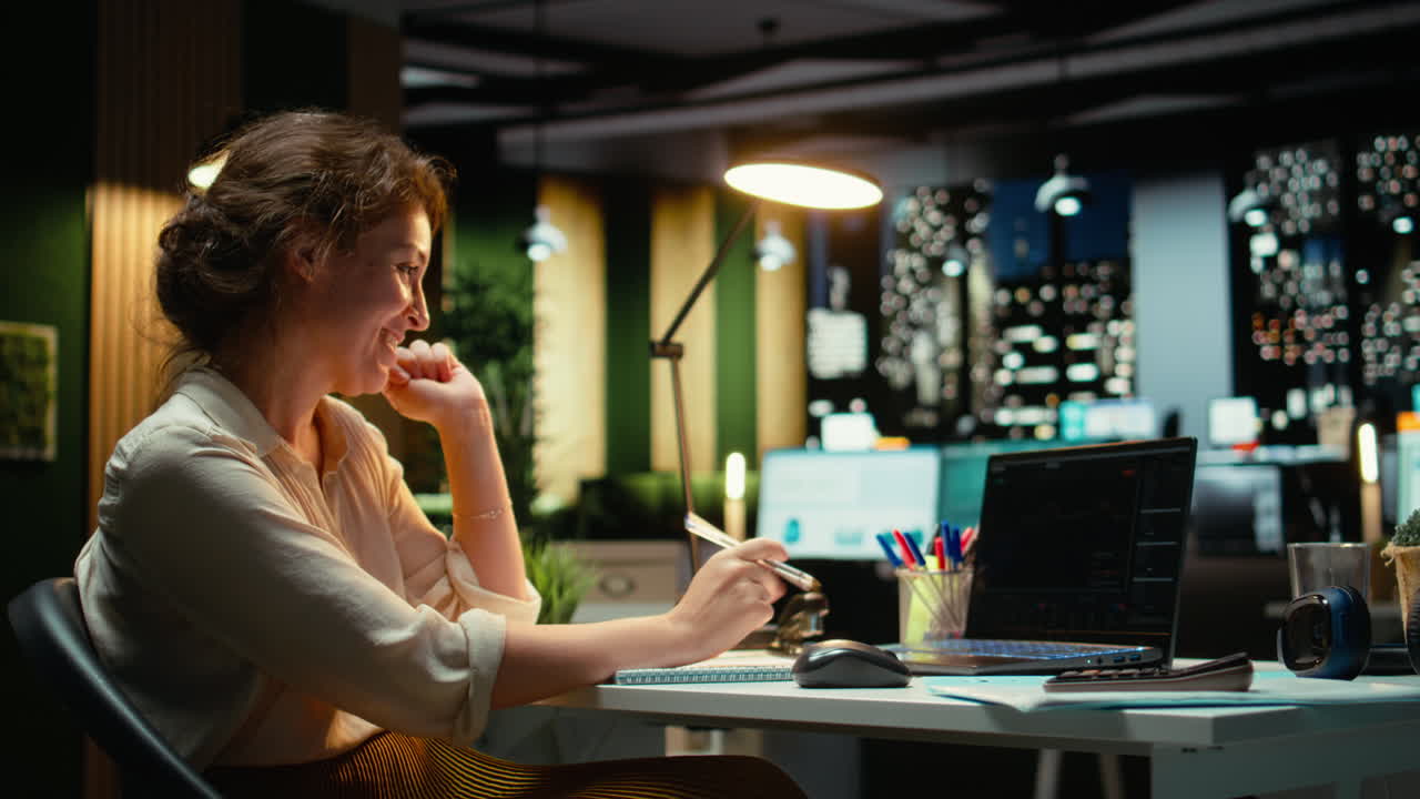 Vertical Video Business analyst being pleased with forex charts uptrend after hours