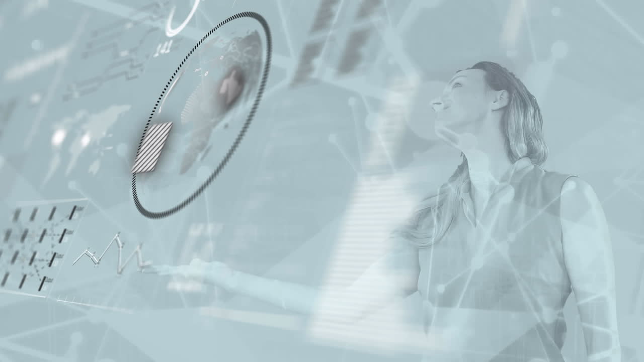 백인 사업가 여성에 대한 금융 데이터 처리의 애니메이션