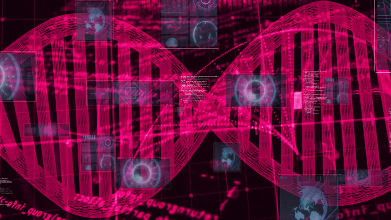 DNA strand processing with binary coding, scientific data animation in lab