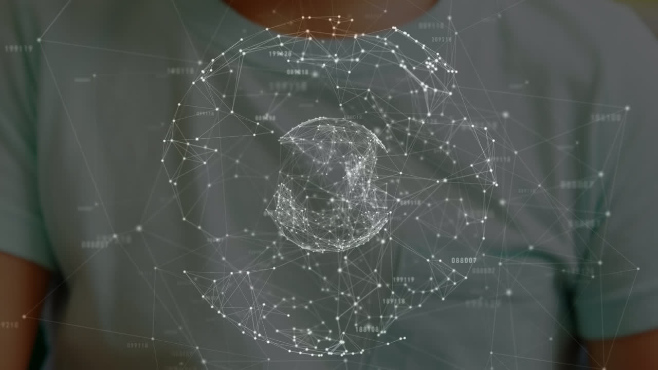 Animation of globe and connections over hands of biracial blind boy