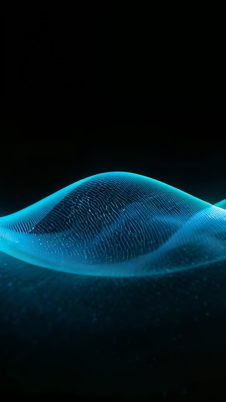 Vertical video: Shifting cyan wave in black void, new wave arising, making ripple dots