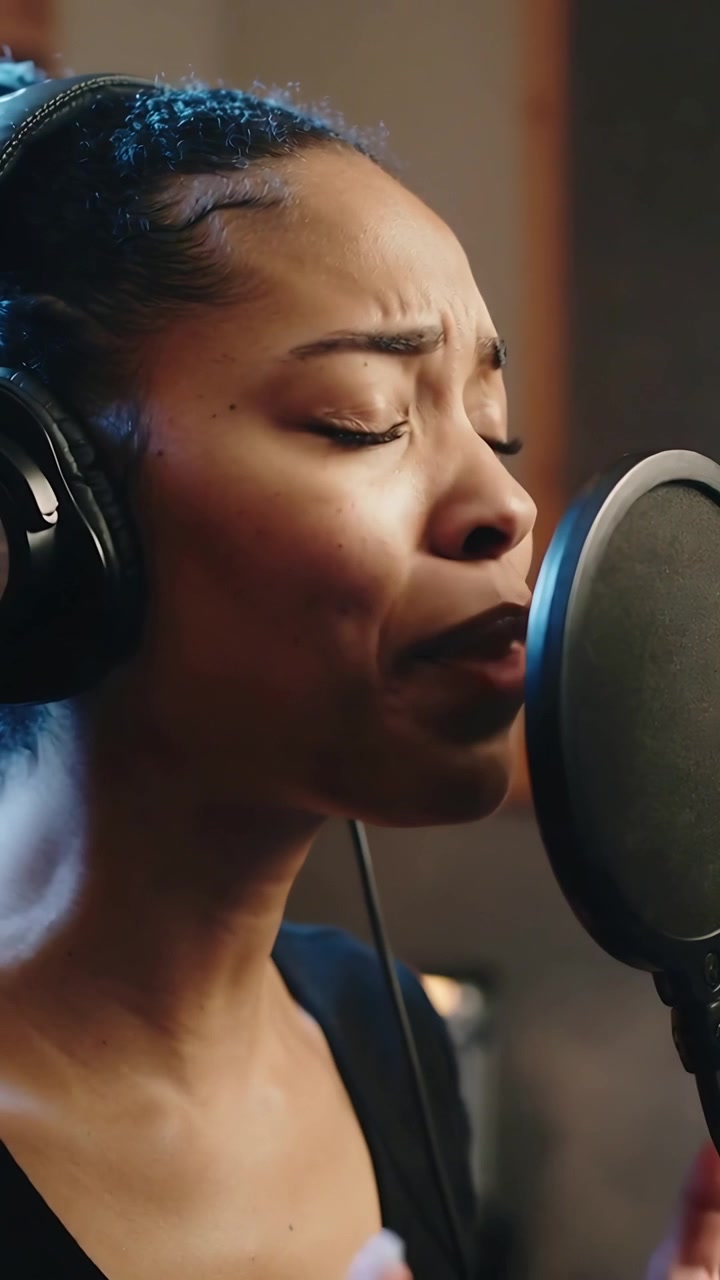 Video verticale: Inizio della registrazione, cantante che canta in cabina con microfono pop, cuffie, top nero.