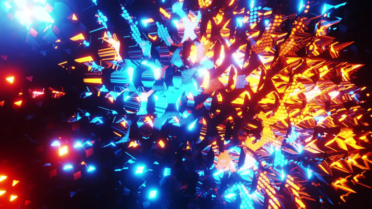 검은 배경의 어두운 방에서 다채로운 불빛의 큰 디스플레이. 루프 애니메이션