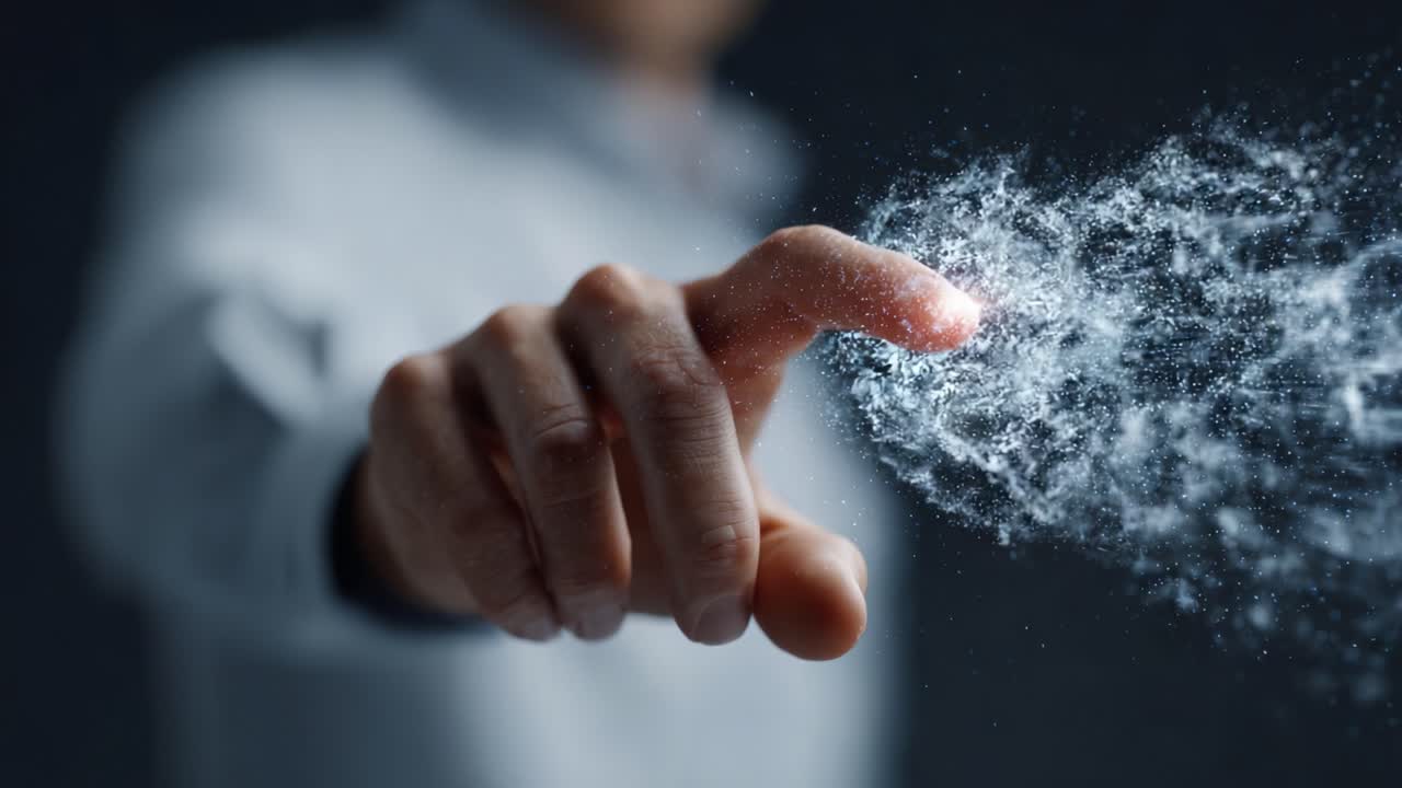 Una trasformazione accattivante si svela mentre una mano dirige l'energia, creando un'esplosione mistica di particelle in una sorprendente dimostrazione di innovazione e immaginazione.