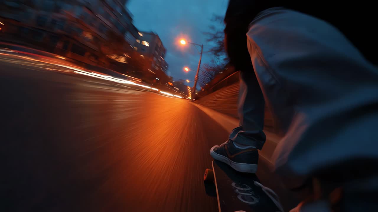Night skating through city streets blurred motion of skateboarder amid urban lights