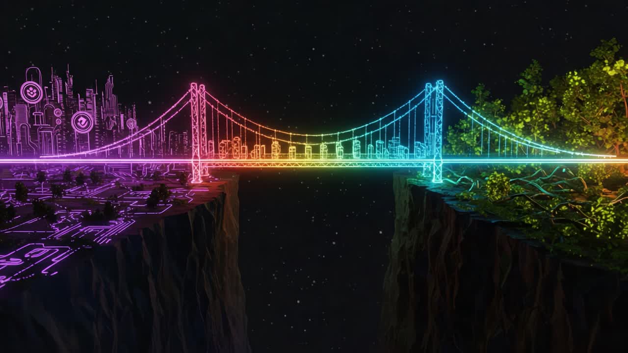 A Stunning Visual Representation of a Futuristic Bridge Connecting Urban and Natural Landscapes, Illuminated with Vibrant Rainbow Colors Under a Starry Sky