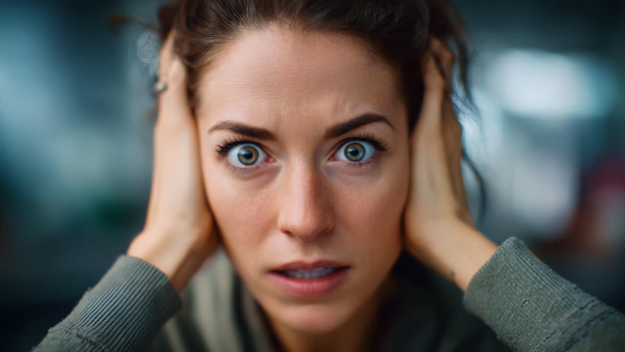 A woman expressing intense emotion and distress, with her hands covering her ears, conveying a sense of overwhelm and anxiety in a close-up shot captured during a moment of crisis