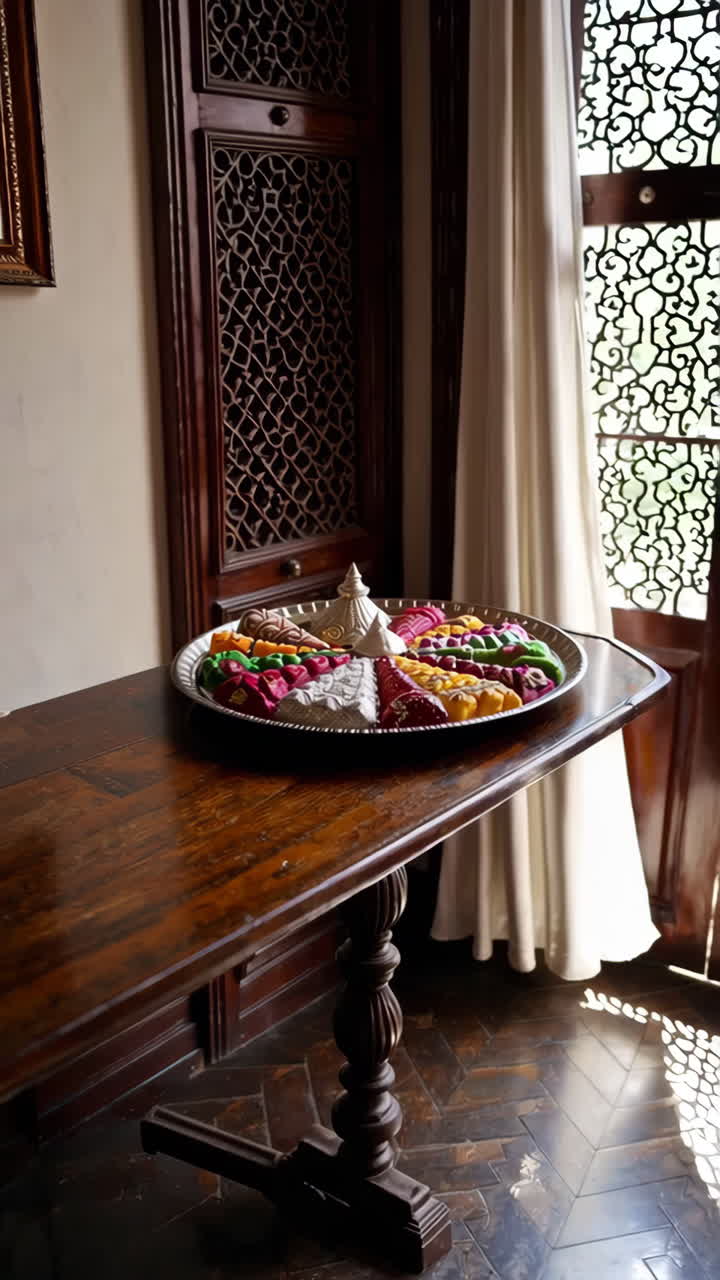 Traditional Indian Sweet Dish on Wooden Table in a House Interior