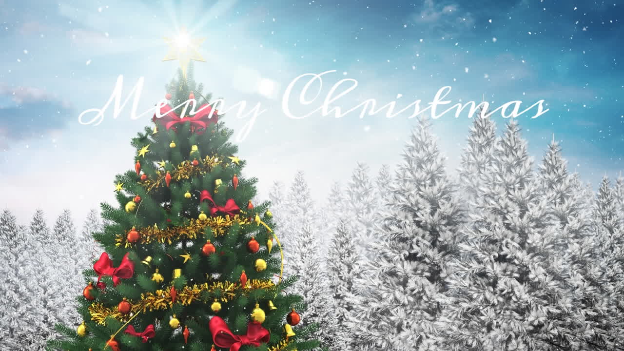 크리스마스 트리에 있는 렌즈 플레어의 애니메이션, 눈 인 나무와 메리 크리스마스 텍스트.