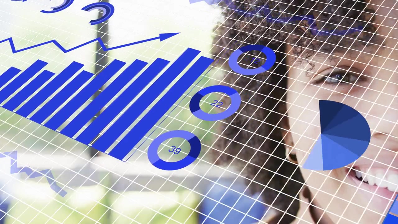 Grid showing data charts growing pie rotating bits forming overlaying smiling teen for demo