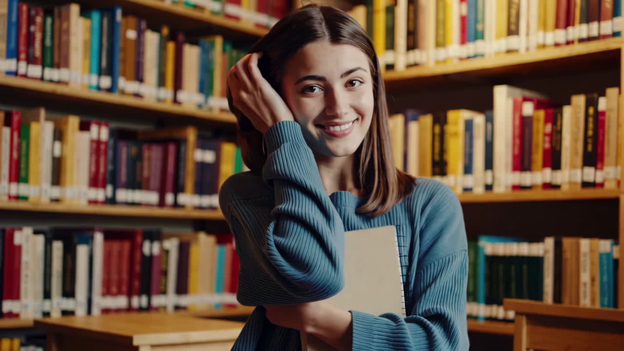 mujer joven en una biblioteca