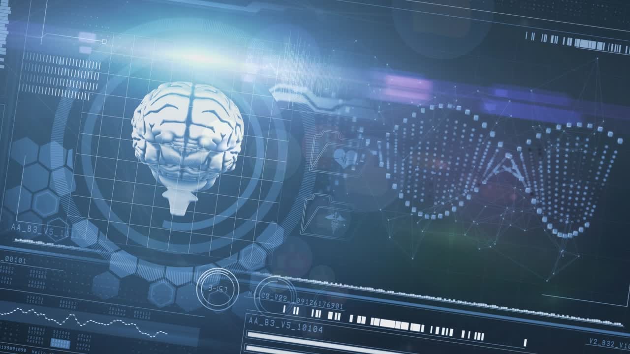Animation of biological data and network of connections over caucasian man using smartwatch