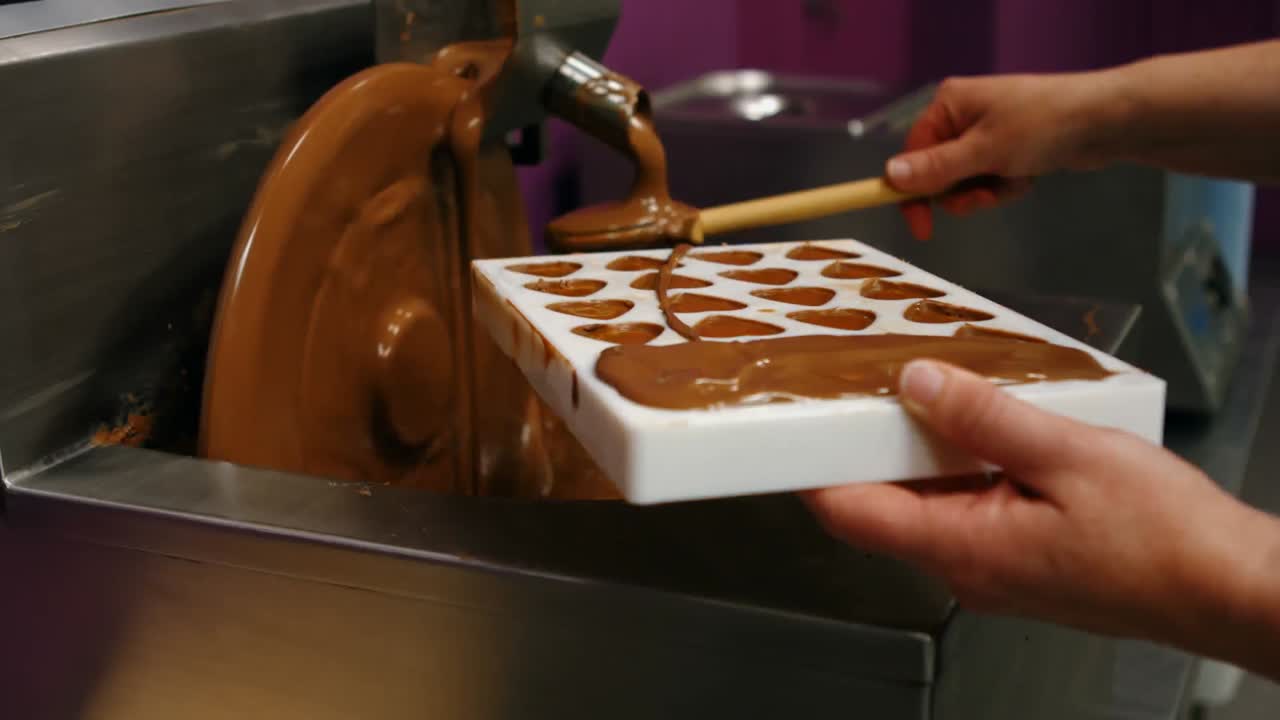 trabajador llenando el molde con chocolate derretido