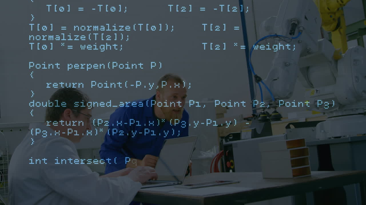 Animation of data processing over caucasian male engineers creating robot