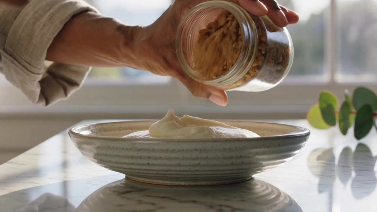 Scooping spoon, hands rolled-sleeve smoothing yogurt into bowl at home pouring granola from jar