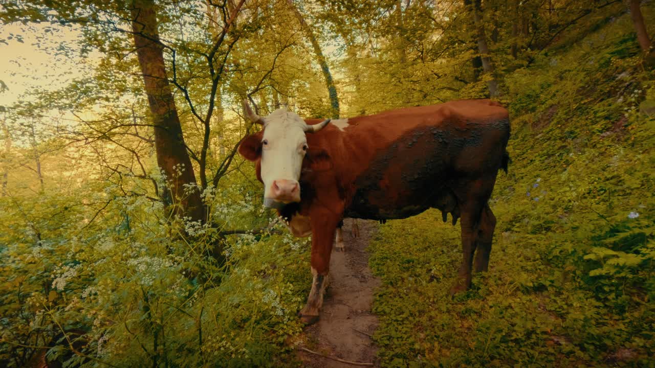Un rebaño de vacas domésticas pastando libremente en un exuberante bosque verde. Auténtica escena rural con ganado caminando por un sendero boscoso en un día soleado. Metraje 4K de alta calidad para proyectos de naturaleza