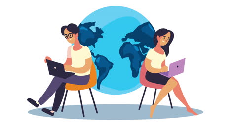 young couple using laptops with planet earth