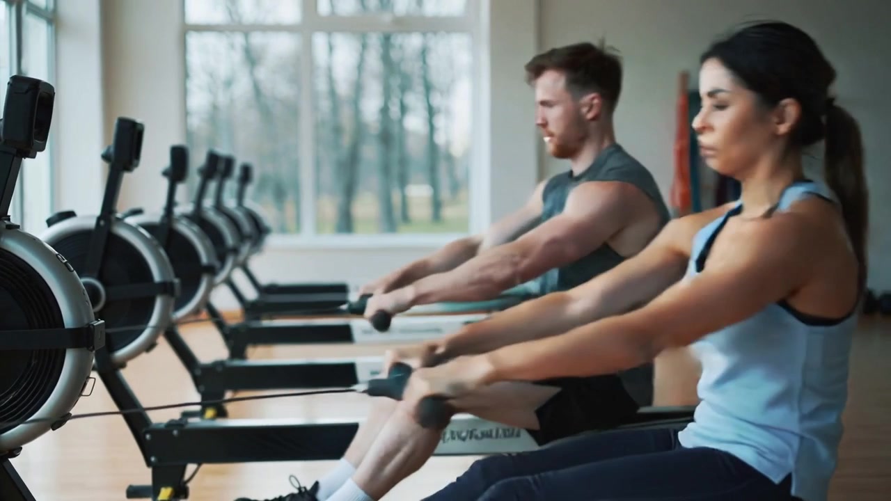 Rowing woman wearing light blue tank top and dark tights powering through cardio on rowing machines