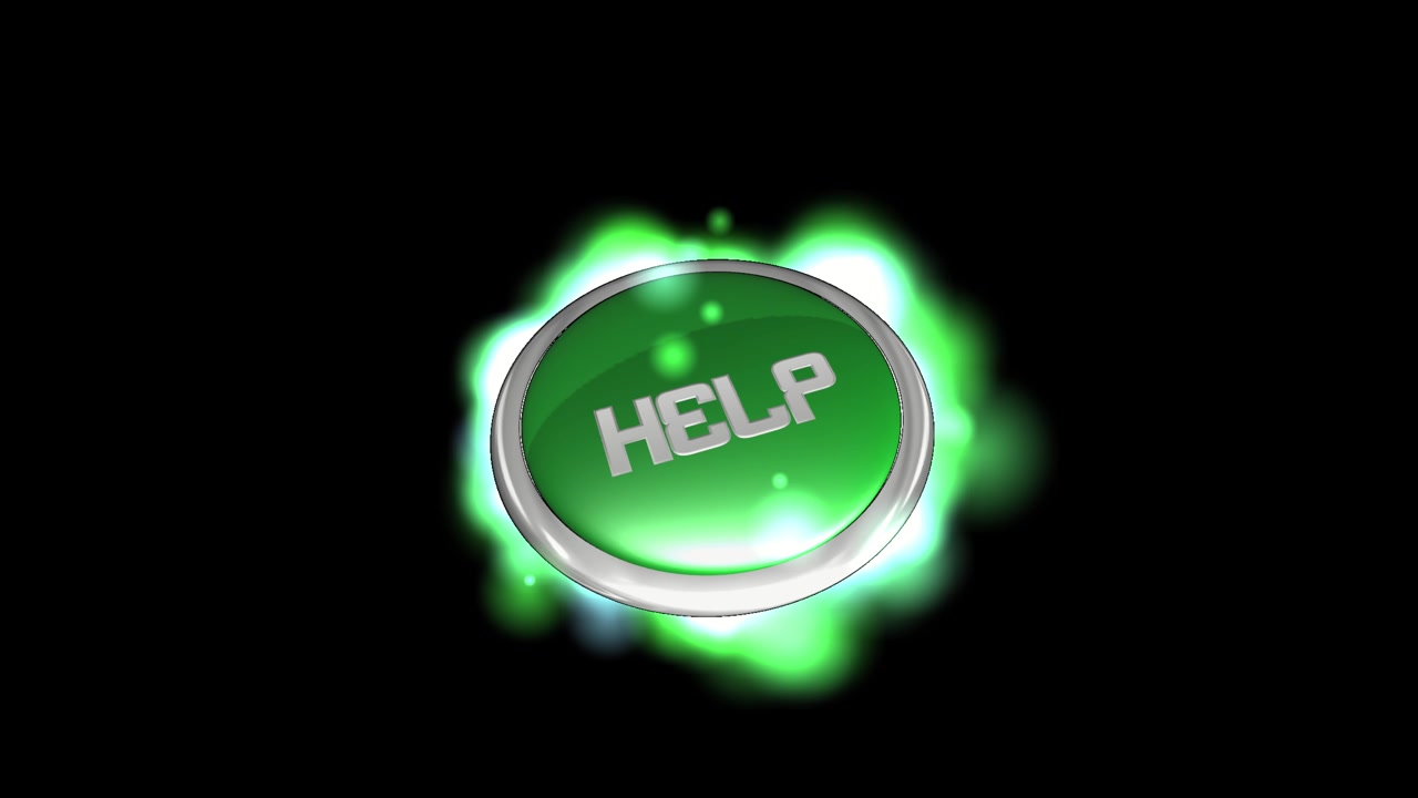 3D render of help button with green glow and light effects on dark background creating emergency support animation designed for assistance visuals and video overlays