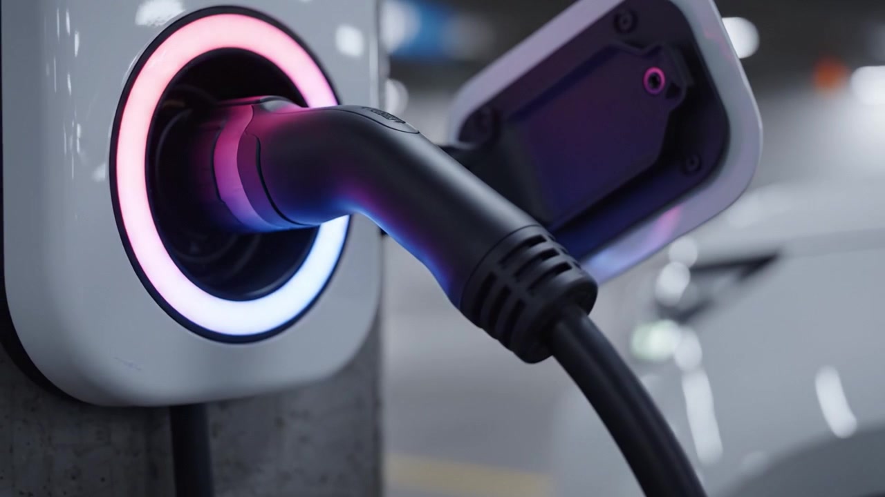 Electric Vehicle Charging Process: A Close-Up Look at the Connection Between the Charging Cable and the Station's Socket with LED Indicators Highlighting Activity Status