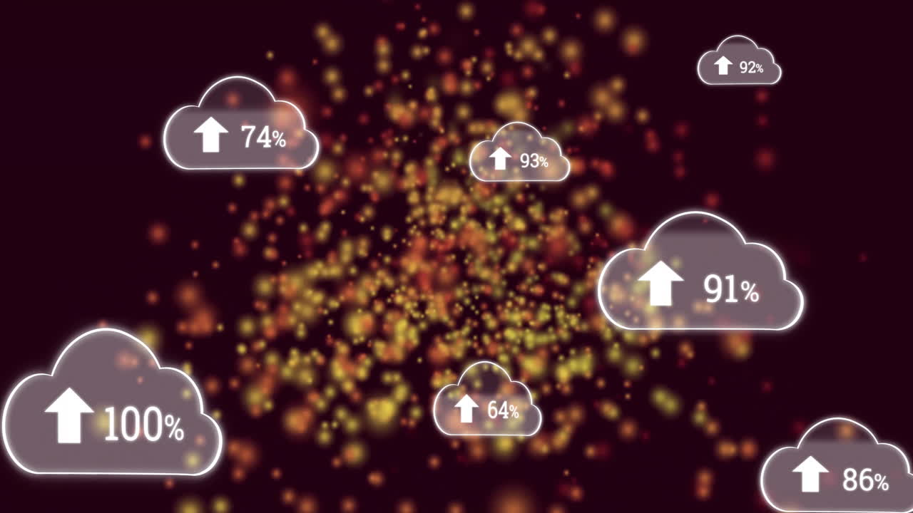 iconos de nube con porcentaje y flechas de carga, animación de partículas en fondo oscuro