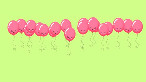 animation of pink balloons with faces bouncing on green background