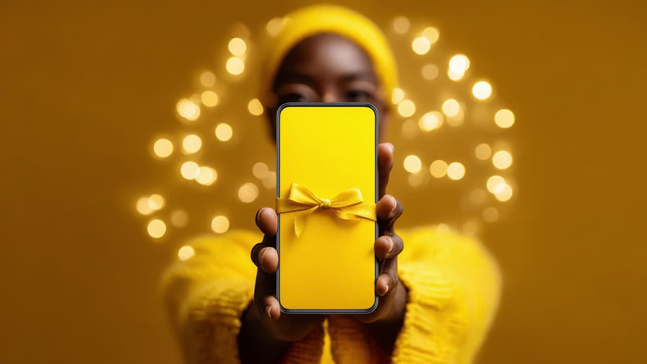 A vibrant yellow-themed image showcasing a person holding a smartphone adorned with a charming yellow gift bow, set against a backdrop of glowing yellow fairy lights, creating an enchanting atmosphere