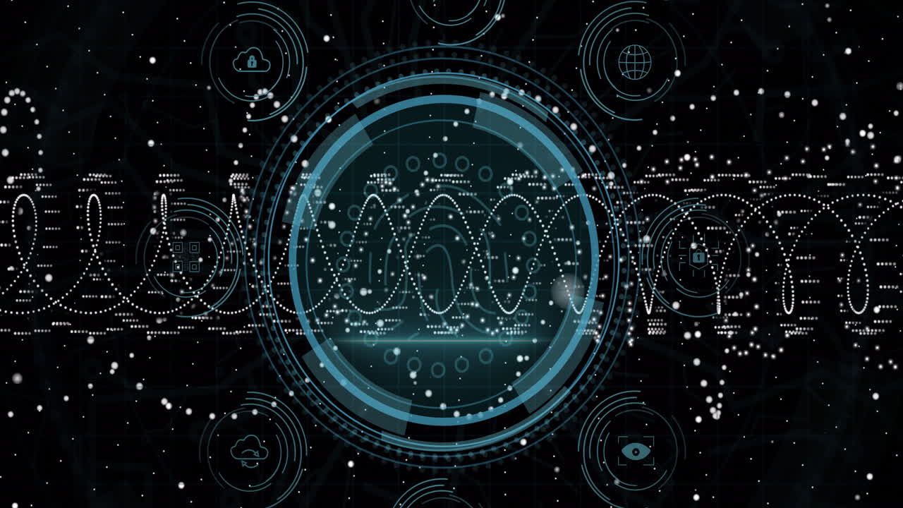 Digital network and data processing animation with futuristic circular interface