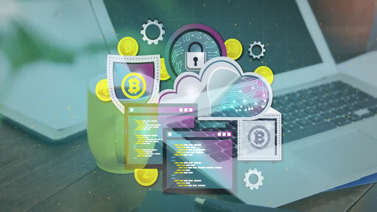 Camera pulling back to unveil plant mug laptop while crypto-security overlay showing data security