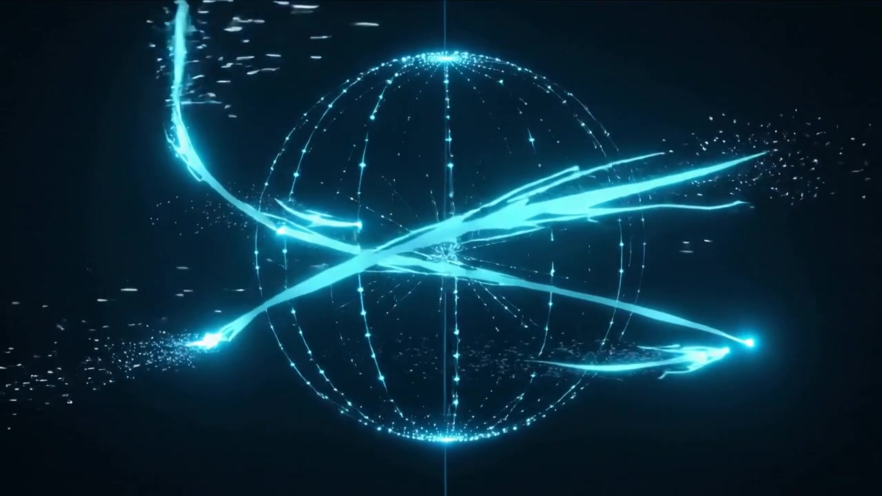 Entering frame, two cyan streams orbiting and wrapping dotted sphere in dark studio, forming rings