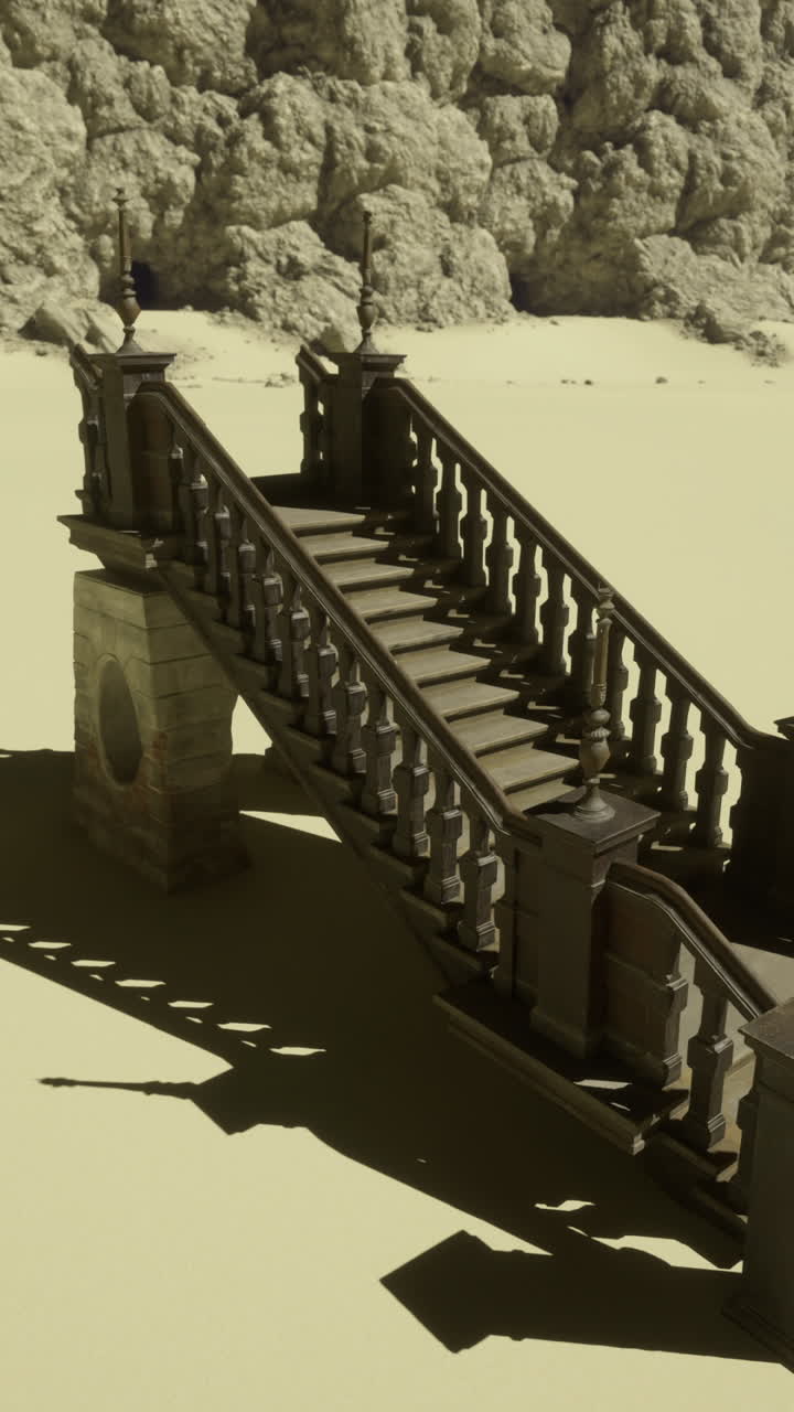 Staircase leading to nowhere in a barren desert landscape