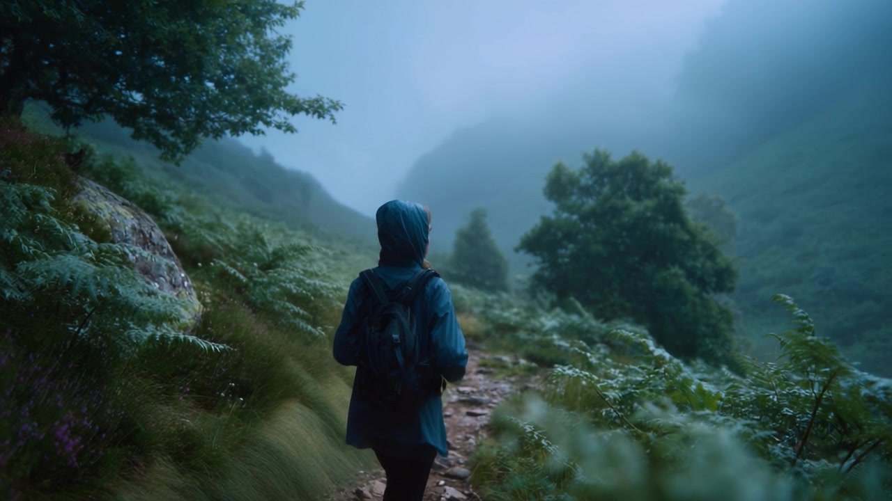 A solitary figure treks through a misty forest path, surrounded by lush greenery, embodying the spirit of adventure and exploration in a serene, foggy landscape.